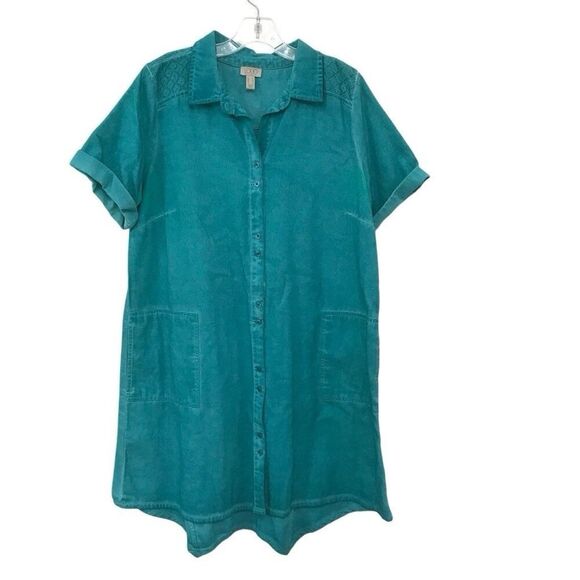 LOGO by Lori Goldstein Womens Button Front Tunic Dress Sz M Green Short Sleeve - Picture 1 of 4